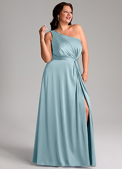 Azazie Brooke Vestidos de damas de honor Vestido de Azul Malhumorado de Satén Elástico de Corte en A con Hombro unilateral image11