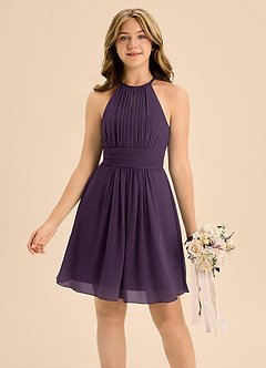 Azazie Bonnie Junior A-Linie Plissee Chiffon Kleid Pflaume image3