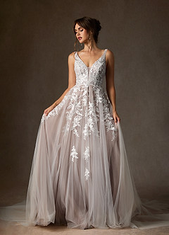 Azazie Sorella Trouwjurken Jurk van Tule met A-Lijn V-hals Pailletten Diamant Wit Mokka image6