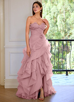 Aurelia Dusty Pink Floral Sweetheart Neckline A-line Ruffle Asymmetrical Prom Dress image7
