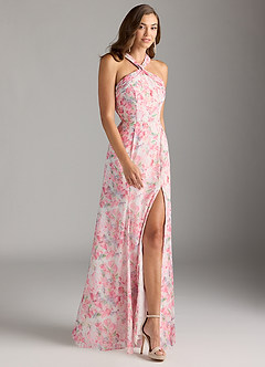 Azazie Rue Bridesmaid Dresses Abstract Watercolor Floral A-Line Halter Chiffon Dress image1