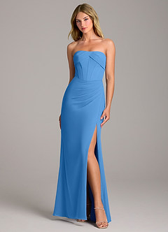 Azazie Chantel Robes de demoiselle d'honneur Robe Fourreau Convertible en Mousseline de soie Sans bretelle Geai Bleu image1