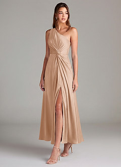 Azazie Brooke Robes de demoiselle d'honneur Robe Trapèze en Satin extensible Une épaule Rose Perle image3