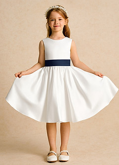 Azazie Sosie Flower Girl Dresses Ivory Dark Navy A-Line Pleated Matte Satin Dress image2