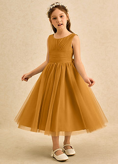 Azazie Macaron Jurken voor bloemenmeisjes A-Lijn Jurk van Tule Geplooid Boterbabbelaar image4