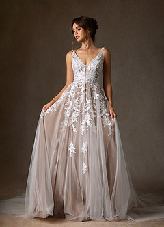 Azazie Sorella Wedding Dresses Diamond White Caramel A-Line V-Neck Sequins Tulle Dress image6