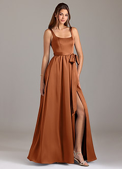 Azazie Elliott Bridesmaid Dresses Copper A-Line with Pockets Stretch Satin Dress image1