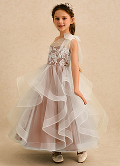 Azazie Zoey Robe Demoiselle D'honneur Fillette Robe Princesse en Tulle Dentelle Champagne Rosé image5