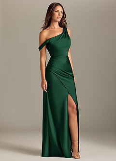 Azazie Madelyn Bridesmaid Dresses Dark Green Mermaid Off the Shoulder Stretch Satin Convertible Dress image4