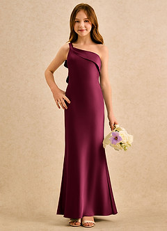 Azazie Almond Girls Formal Flower Girl Dresses Burgundy Sheath One Shoulder Stretch Satin Dress image4