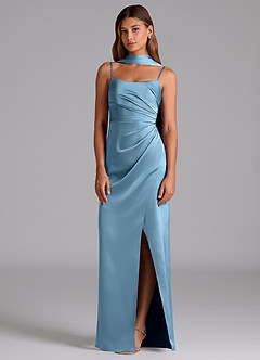 Azazie Calandra Bridesmaid Dresses Steel Blue A-Line Pleated Stretch Satin Dress image4