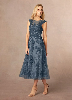 Azazie Flynn Mère de la mariée Robes Robe Trapèze en Tulle Col bateau dentelle Neptune image2