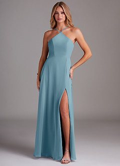 Azazie Bailey Bridesmaid Dresses Moody Blue A-Line Halter Side Slit Chiffon Dress image1