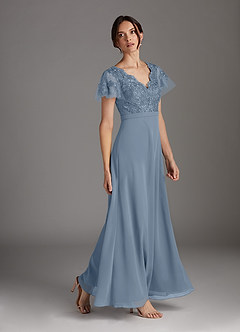 Azazie Singer Mother of the Bride Dresses Dusty Blue A-Line V-Neck Lace Chiffon Dress image3