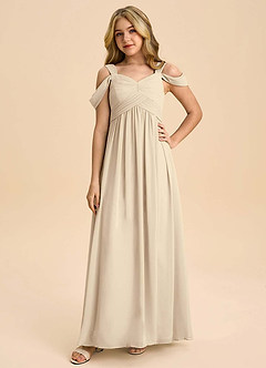 Azazie Lianne Junior Champagne A-Line Off the Shoulder Chiffon Dress image3