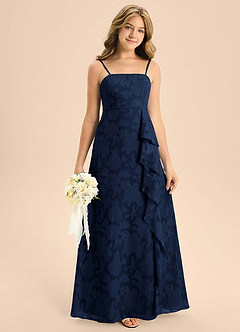 Azazie Kaylee Junior Dark Navy A-Line with Belt Floral Burnout Dress image4