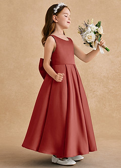 Azazie Honey Bear Flower Girl Dresses Terracotta A-Line Pleated Matte Satin Dress image2