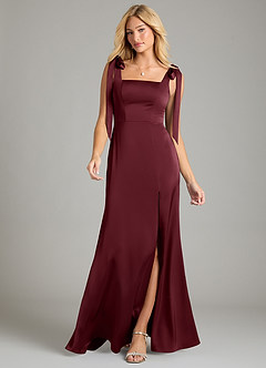 Azazie Frostine Vestidos de damas de honor Vestido de Cabernet de Satén Elástico de Corte en A con Lazo image4