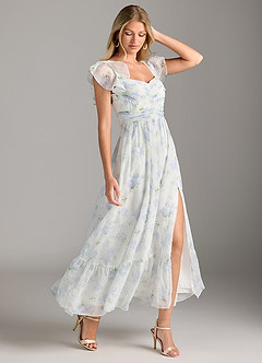 Azazie Anaya Probar vestidos en casa Vestido de Azul Vintage Floral de Gasa de Corte en A con Plisado image4