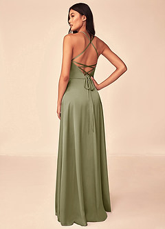 Azazie Mei At-home Try On Dresses Pistachio A-Line V-Neck Stretch Satin Dress image2