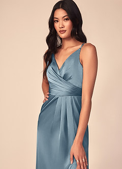 Azazie Aqua Bridesmaid Dresses Dusty Blue A-Line V-Neck Pleated Stretch Satin Dress image6