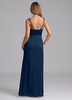 Azazie Leo Bridesmaid Dresses Dark Navy Sheath Pleated Stretch Satin Dress image2