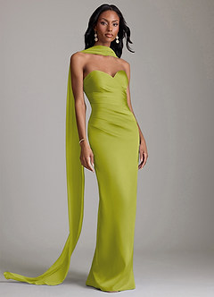 Azazie Sonora Vestidos de damas de honor Vestido de Hierba De Limón de Satén Elástico de Corte Recto con Sin tirantes image9