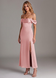 Azazie Saige Bridesmaid Dresses Powder Pink Mermaid Off the Shoulder Stretch Satin Dress image4