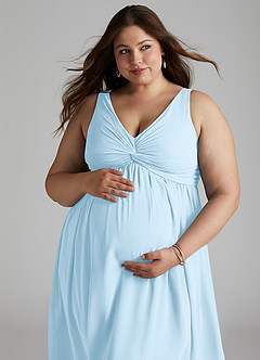 Azazie Yetta Maternity Bridesmaid Dresses A-Line V-Neck Gathered Chiffon Floor-Length Dress image8