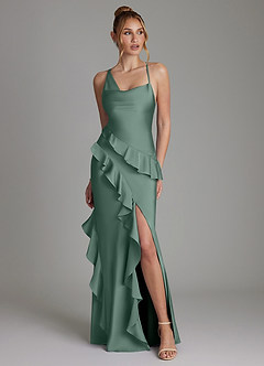 Azazie Jayda Bridesmaid Dresses Eucalyptus A-Line Ruched Stretch Satin Dress image1