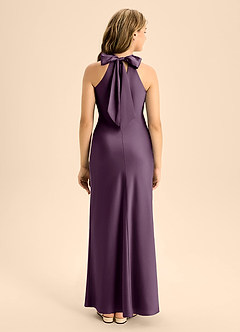 Azazie Doretta Junior Plum A-Line Pleated Stretch Satin Dress image2