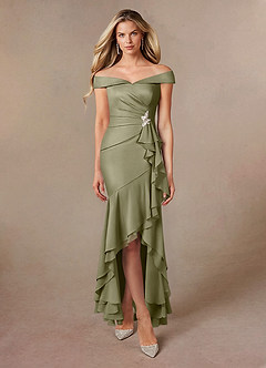 Azazie Billings Mother of the Bride Dresses Pistachio Mermaid Off the Shoulder Stretch Satin Dress image5