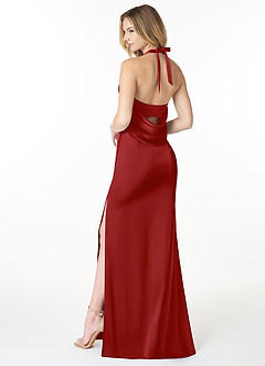 Azazie Myla Final Sale Pomegranate Sheath Cowl Keyhole Stretch Satin Dress image2