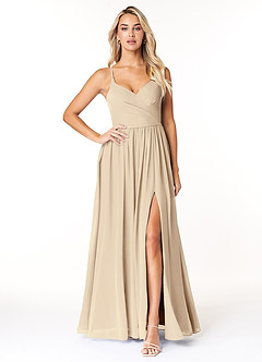 Azazie Dominic Robes de demoiselle d'honneur Robe Trapèze en Mousseline de soie Col V plissé Champagne image1
