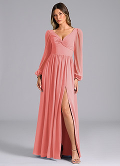 Azazie Zeya Bridesmaid Dresses Coral A-Line Long Sleeve Chiffon Dress image4