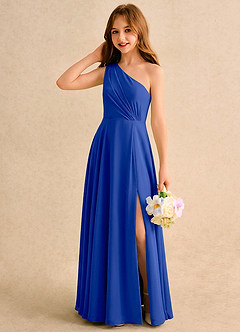Azazie Puddles Girls Formal Robe Demoiselle D'honneur Fillette Robe Trapèze en Mousseline de soie Une épaule Bleu Roi image3