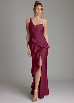 Azazie Jayda Bridesmaid Dresses Mulberry A-Line Ruched Stretch Satin Dress image4