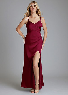 Azazie Azuree Vestidos de damas de honor Vestido de Borgoña de Satén Elástico de Corte en A con Plisado image1