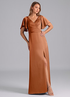 Azazie Ambrosia Bridesmaid Dresses Copper A-Line Pleated Stretch Satin Dress image4