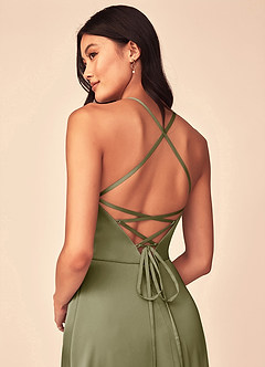 Azazie Mei At-home Try On Dresses Pistachio A-Line V-Neck Stretch Satin Dress image3