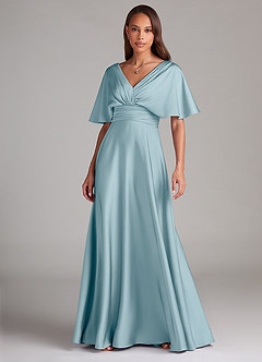 Azazie Pamela Robes de demoiselle d'honneur Robe Trapèze en Satin extensible Plissée Bleu Maussade image1
