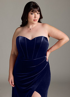 Azazie Jas Robes de demoiselle d'honneur Robe Fourreau Convertible en velours Schulterfreies Korsett Bleu Marine Foncé image19