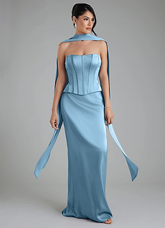 Azazie River At-home Try On Dresses Steel Blue Sheath Corset Stretch Satin Convertible Dress image9