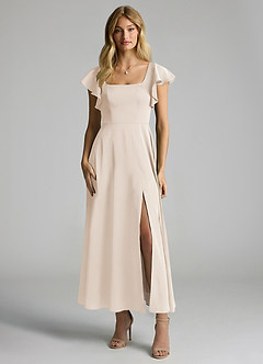 Azazie Bondi Vestidos de damas de honor Vestido de Alabastro Blanco de Satén Elástico de Corte en A con Volante image4