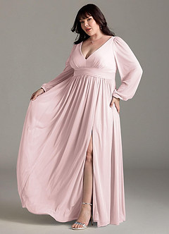 Azazie Norah Bridesmaid Dresses Blushing Pink A-Line V-Neck Long Sleeve Chiffon Dress image10