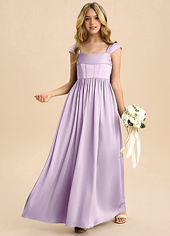 Azazie Hattie Junior Abito A-Line in Raso Elasticizzato Plissettato Lilla Glassato image4