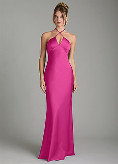 Azazie Camille Robes de demoiselle d'honneur Robe Fourreau en Satin extensible Fente Latérale Fuchsia image1