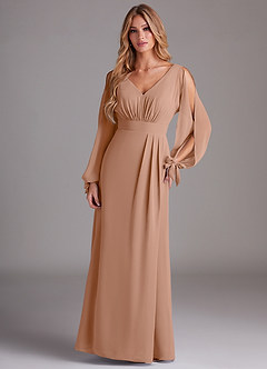 Azazie Matilda Bridesmaid Dresses Champagne Rose A-Line Long Sleeve Chiffon Dress image3
