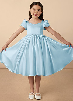 Azazie Juno Blumenmädchenkleider A-Linie Herzausschnitt Matte Satin Kleid Himmelblau image1
