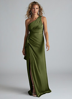 Azazie Maive Bridesmaid Dresses Olive Sheath Ruched Stretch Satin Dress image1